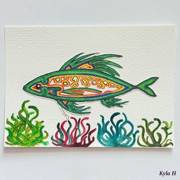 Kyla H Other - Tropic Tides Original Mixed Media Cutout Fish & Watercolor Reef by Kyla H 5x7”